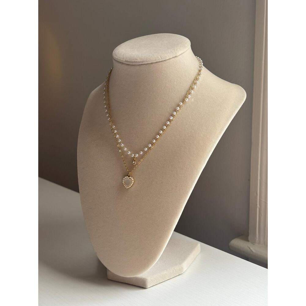 Layered Pearl Necklace Gold Heart Pendant Dainty Elegant Jewelry Gift - Picture 5 of 7